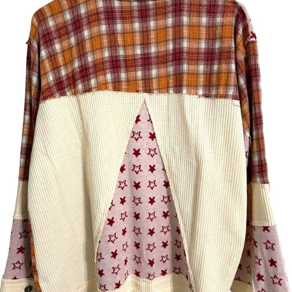 POL Patchwork Shacket Boho Plaid & Star Contrast Long Sleeve Jacket Large NEW - Picture 10 of 10